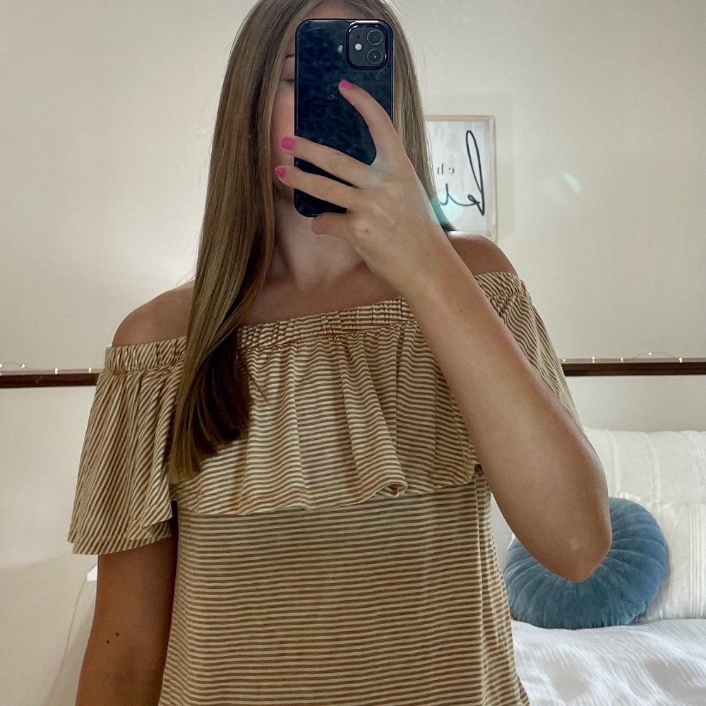 gimmicks striped off the shoulder top